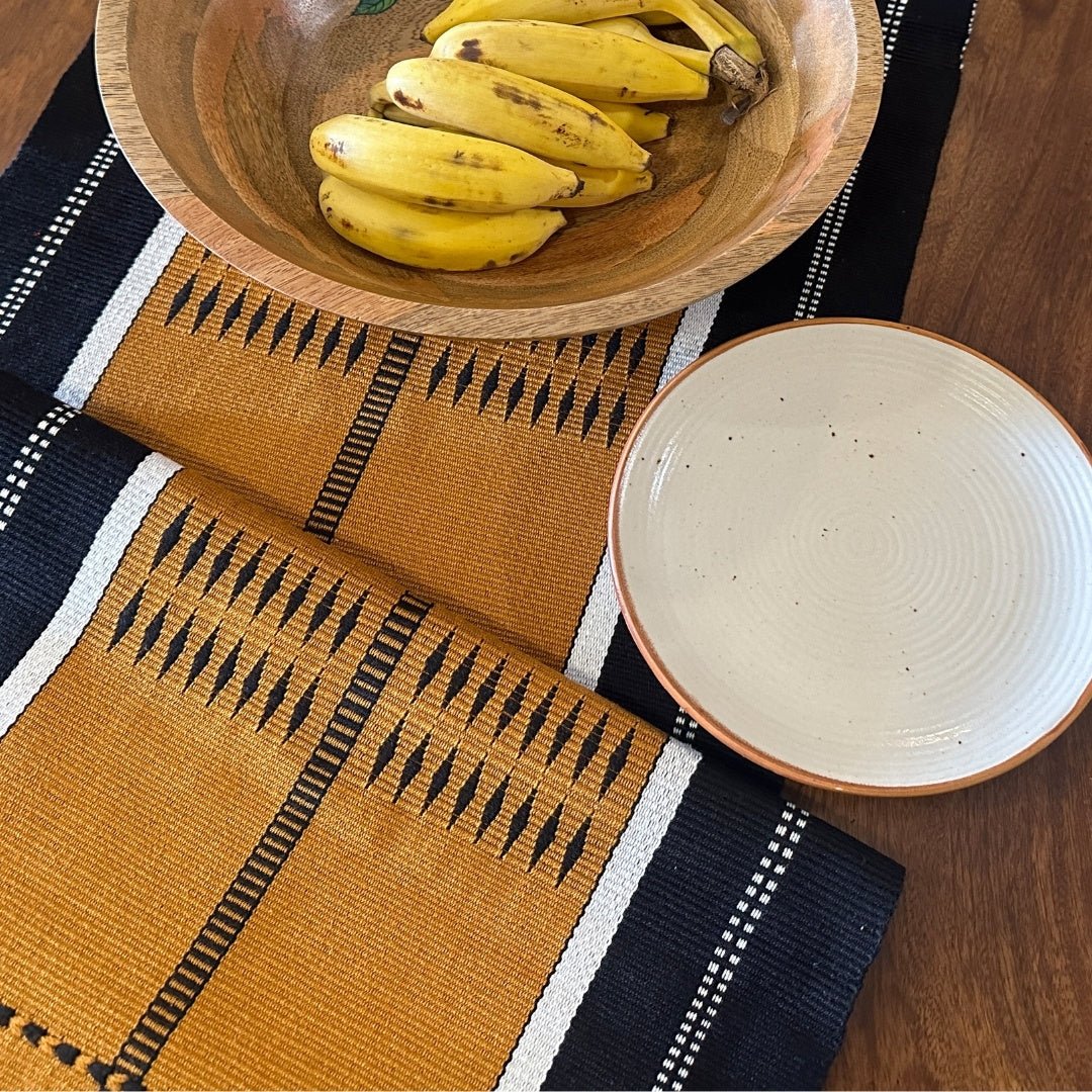 Handwoven Pure Cotton Dining Table Runner in Mustard and Black | 6 Seater