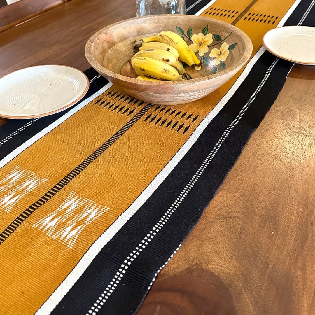 Handwoven Pure Cotton Dining Table Runner in Mustard and Black | 6 Seater