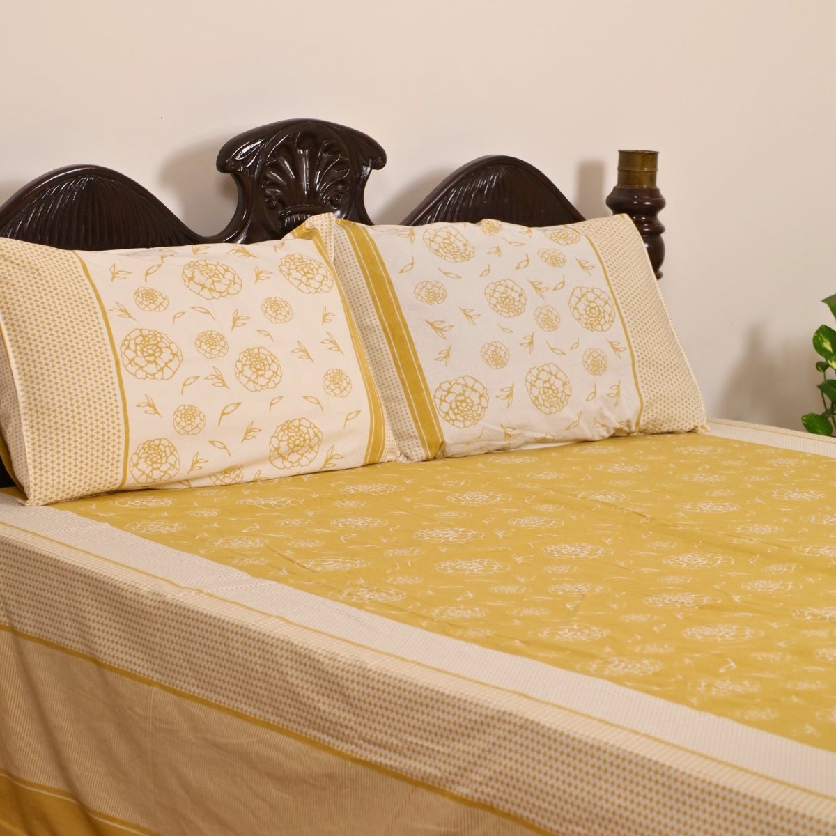 Mustard and Off White Pure Cotton Bedsheet | Queen and King Size | Handprinted