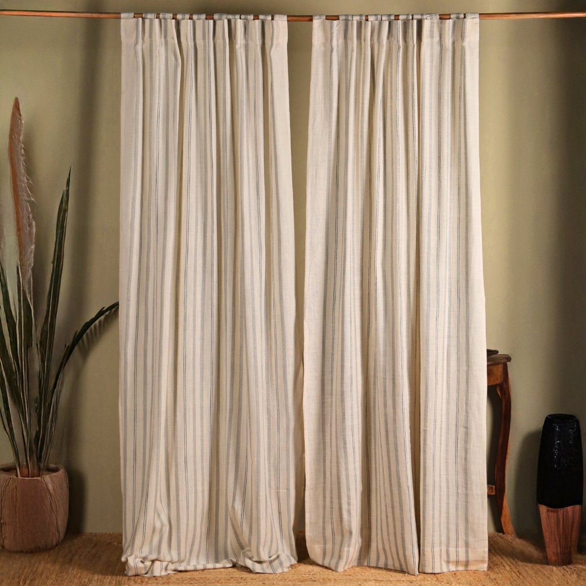 Pure Cotton Semi Blackout Curtains in Off white and Charcoal colour with 60% light blocking | Best curtains for living room