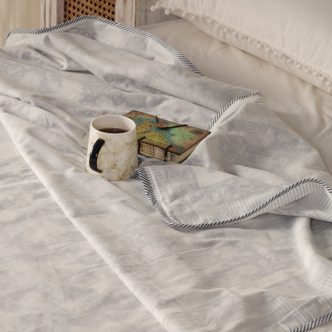 AC Dohar for Single Bed in 100% Cotton Mulmul Handprinted in Off White| Lightweight Soft and Breathable AC Blanket
