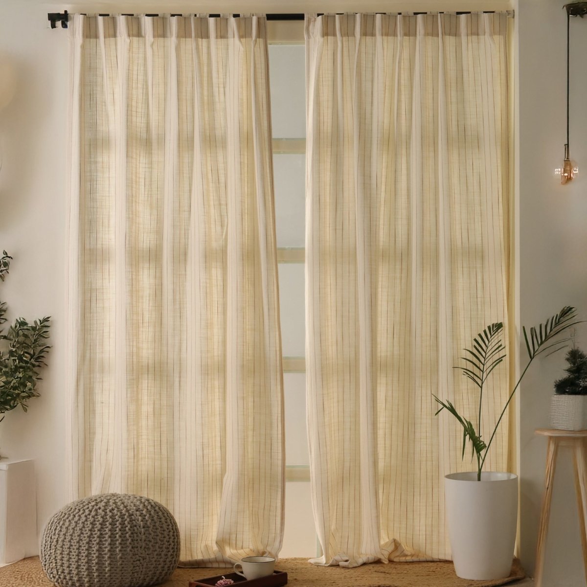 Striped Cotton Curtain Handwoven in Off White Colour | 7 feet or 9 feet option available |