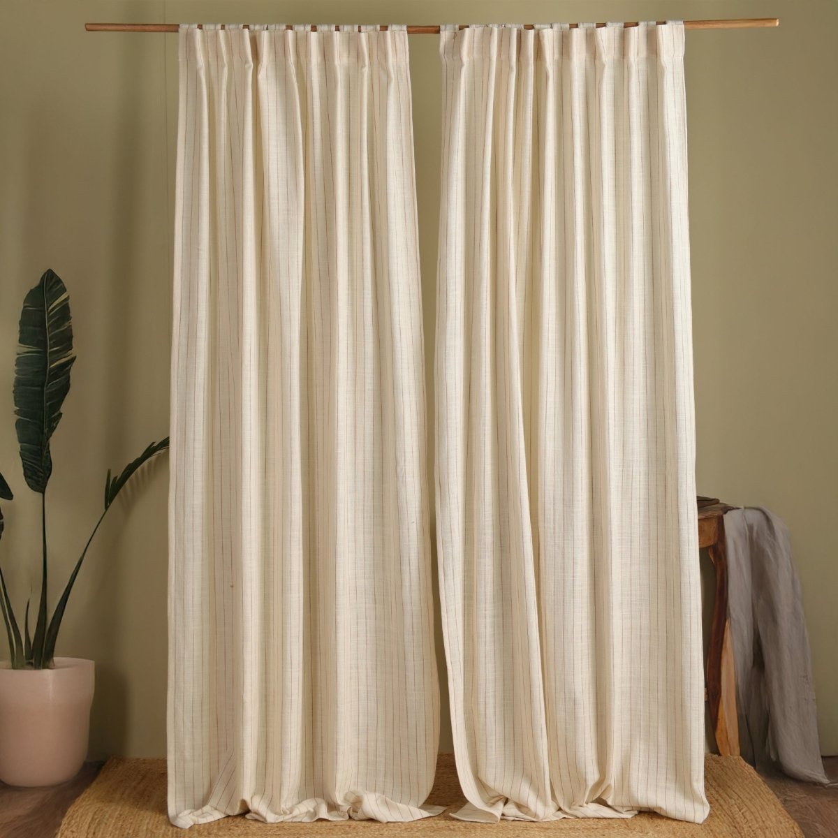 Striped Cotton Curtain Handwoven in Off White Colour | 7 feet or 9 feet option available |