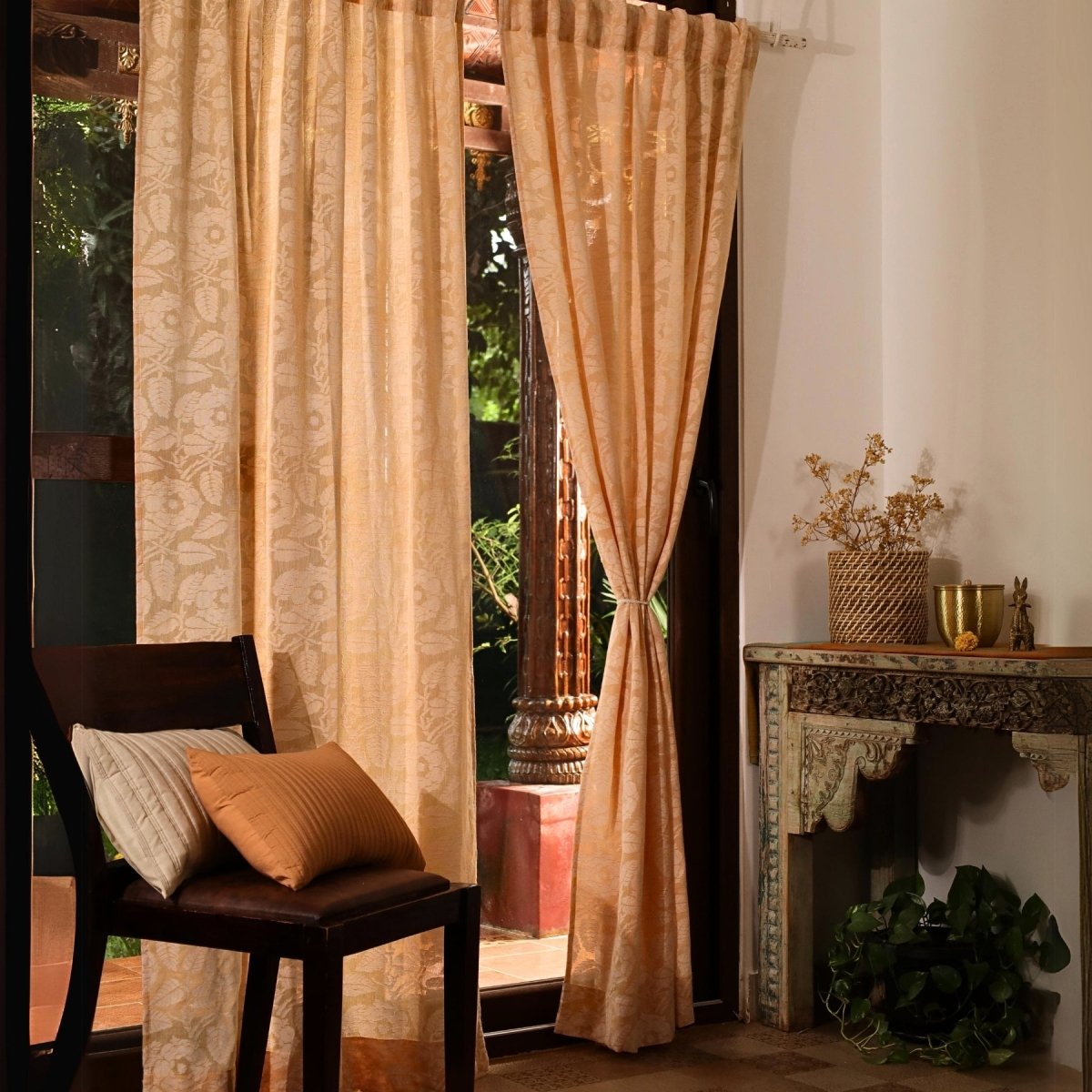 Peach Yellow Semi-Transparent Curtain for Door Length 7ft Marigold Collection