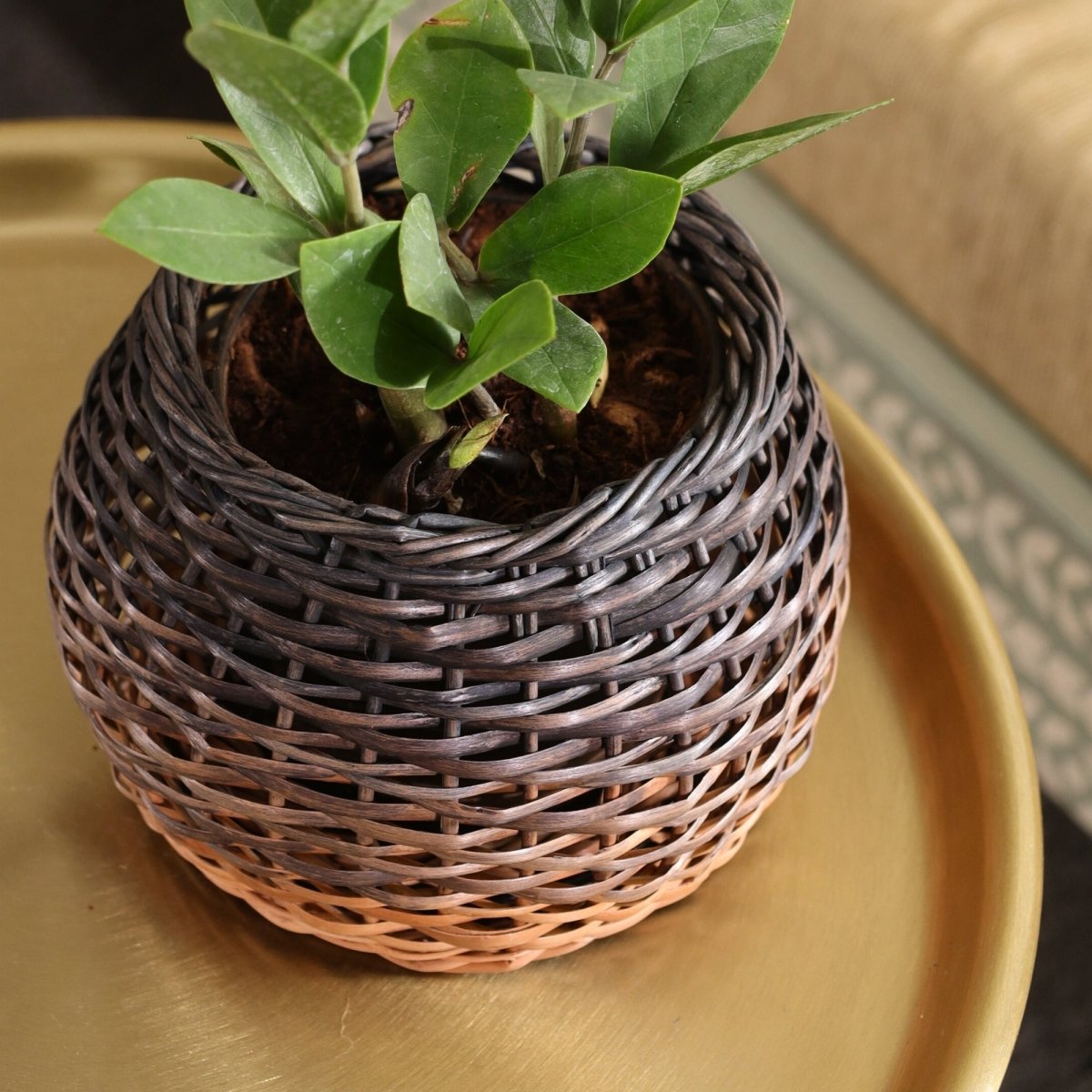 Indigo and Brown Ombre Wicker and Wood Planter | Eco-friendly Indoor Decor