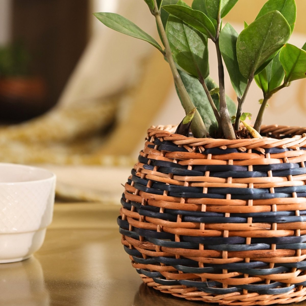 Indigo and Brown Wicker and Wood Planter | Eco-friendly Indoor Decor