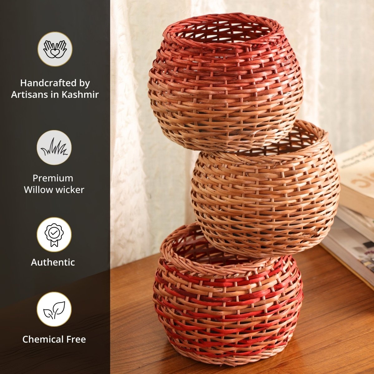 Rust and Natural Brown Wicker and Wood Planter | Eco-friendly Indoor Decor