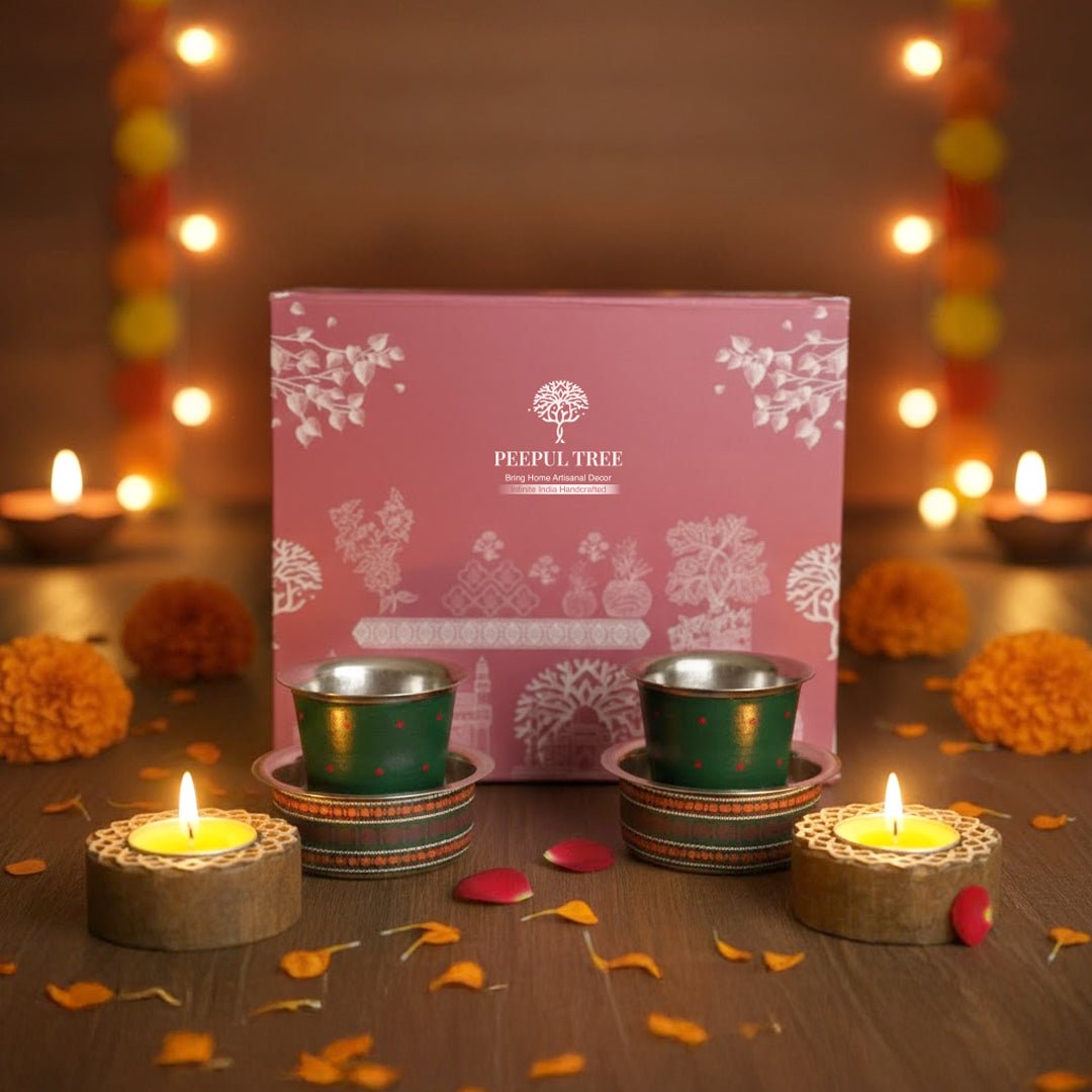 Coffee Dabara set of 2 with Enamel work & Handcrafted circular candle holder set of 2. A premium gift for friends and family.