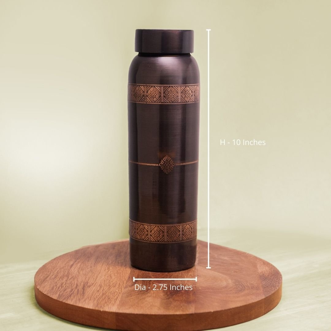 Pure Copper Water Bottle Set | 950 ml | Antique Brown Finish | Kanjeevaram Inspired Design | Premium Festive Gifting