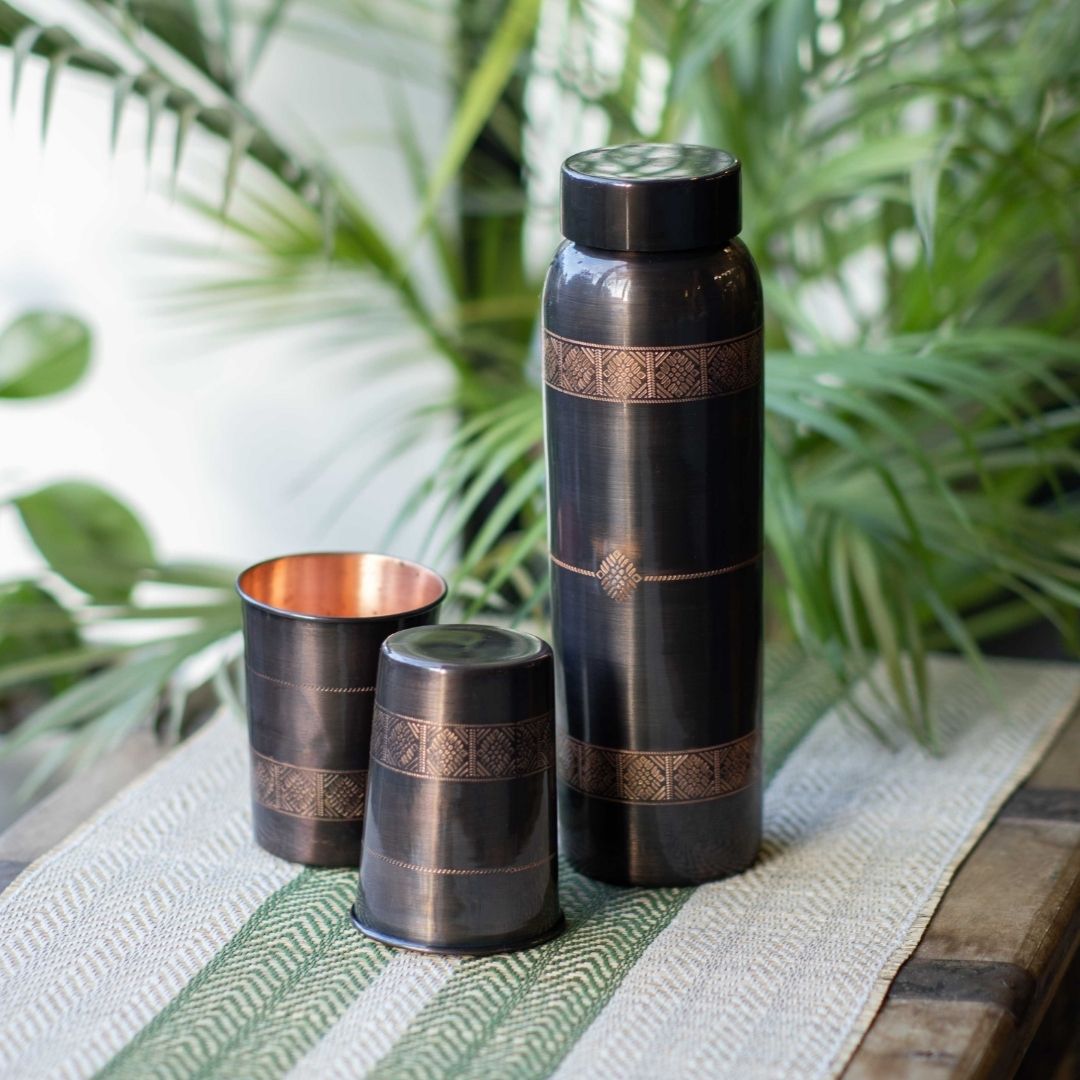 Pure Copper Water Bottle Set | 950 ml | Antique Brown Finish | Kanjeevaram Inspired Design | Premium Festive Gifting