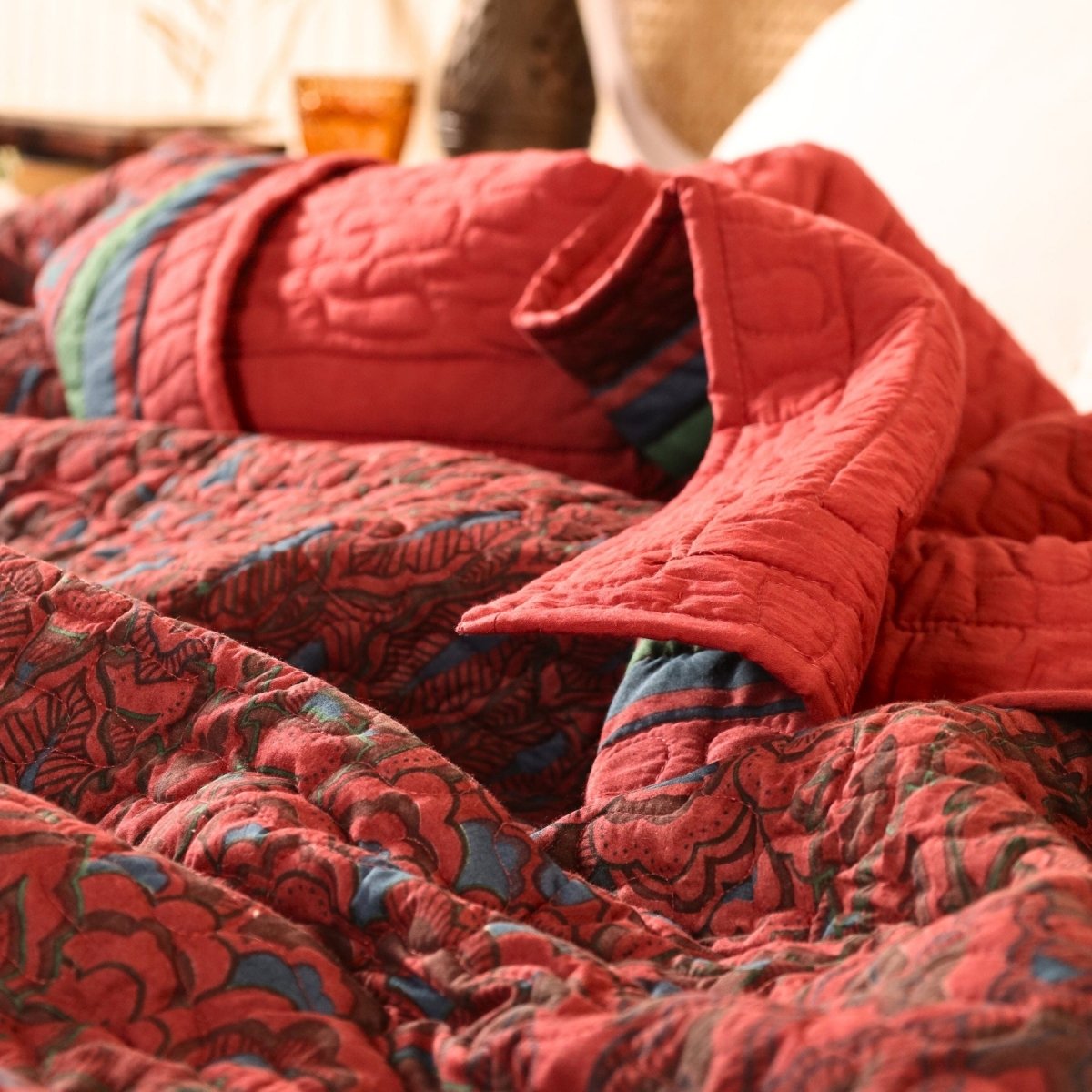 Brick red and Navy colour Pure Cotton Single Bedcover | Single bed | Handprinted