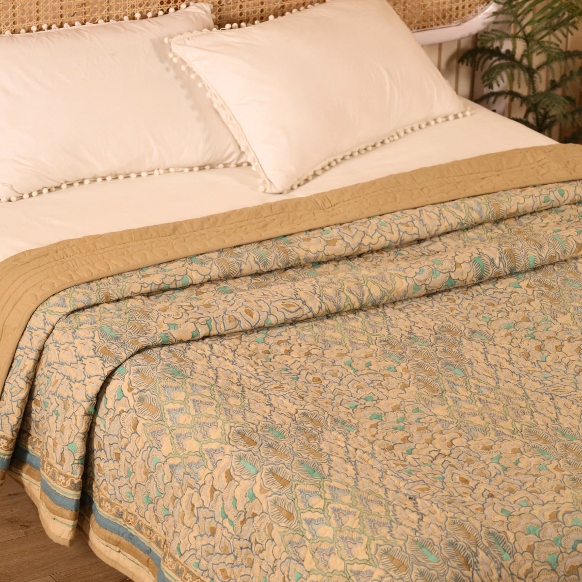 Pure Cotton Quilt Handprinted in Blue and Taupe | Single and Queen | Peepul Tree