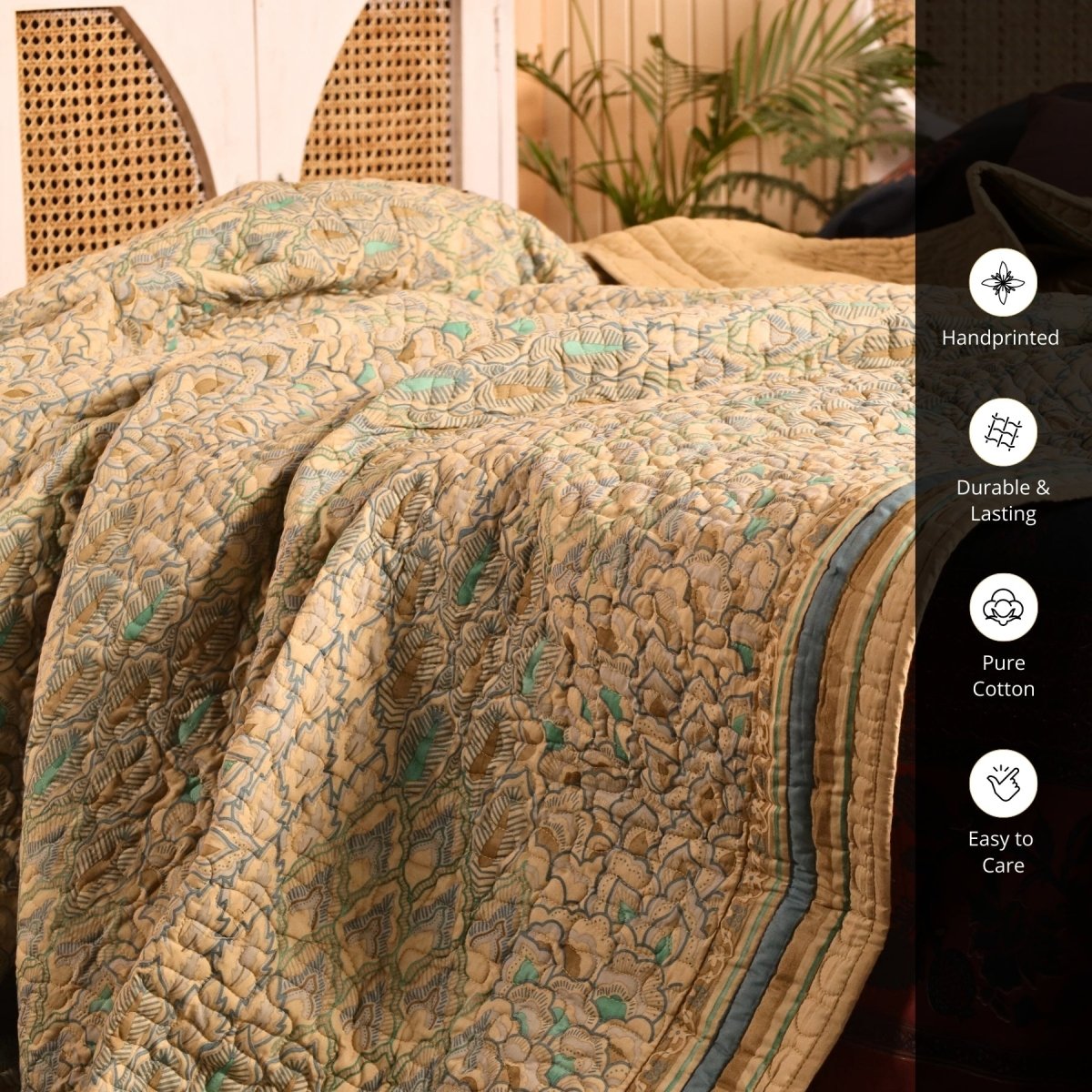 Pure Cotton Quilt Handprinted in Blue and Taupe | Single and Queen | Peepul Tree