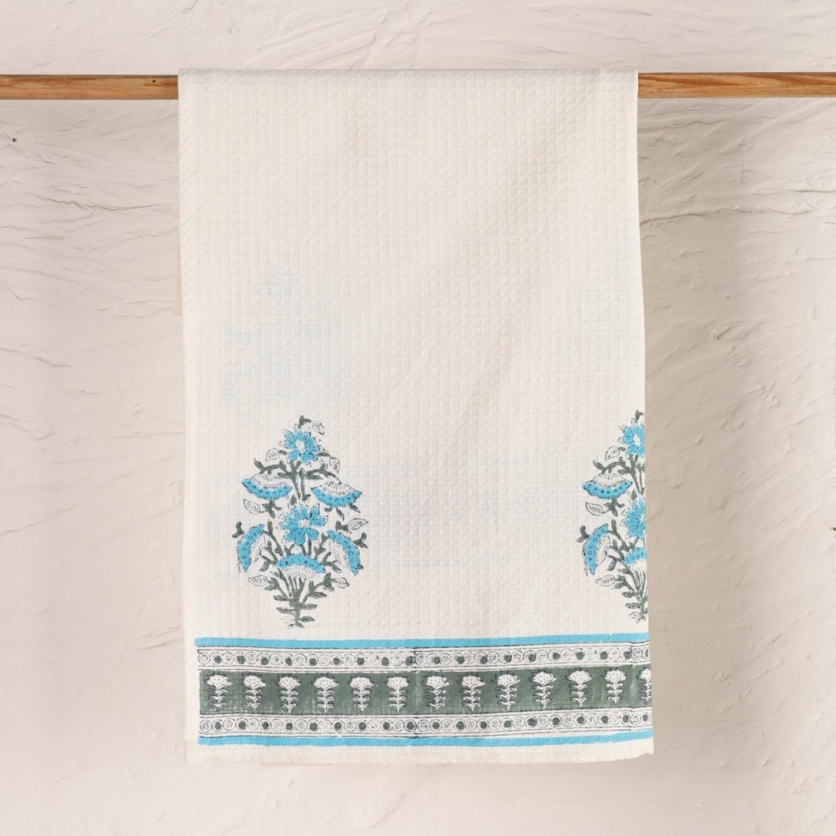Pure Cotton Bath Towel Handprinted Floral Pattern In Off White & Teal