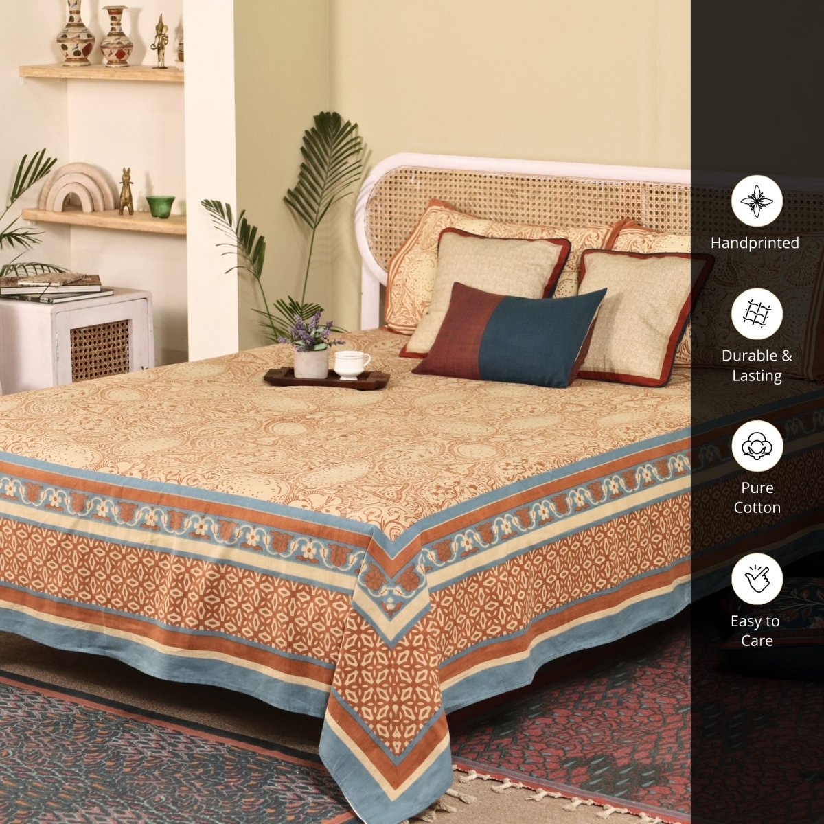 Ivory Brick Red and Navy Blue Pure Cotton Bedsheet | Queen Size | Handprinted