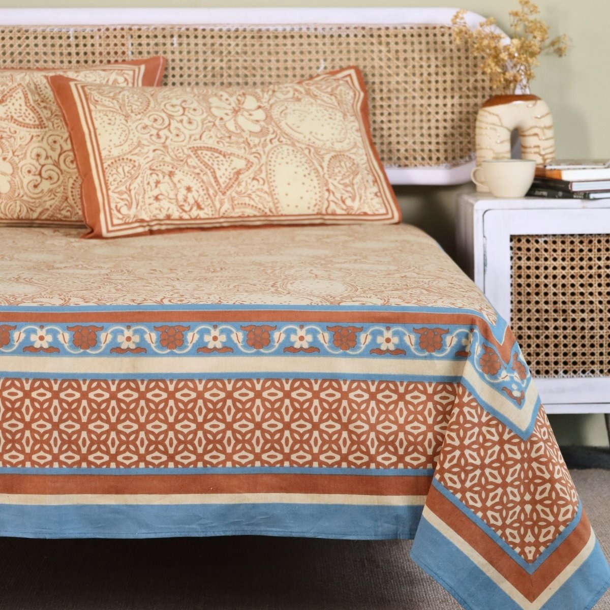 Ivory Brick Red and Navy Blue Pure Cotton Bedsheet | Queen Size | Handprinted