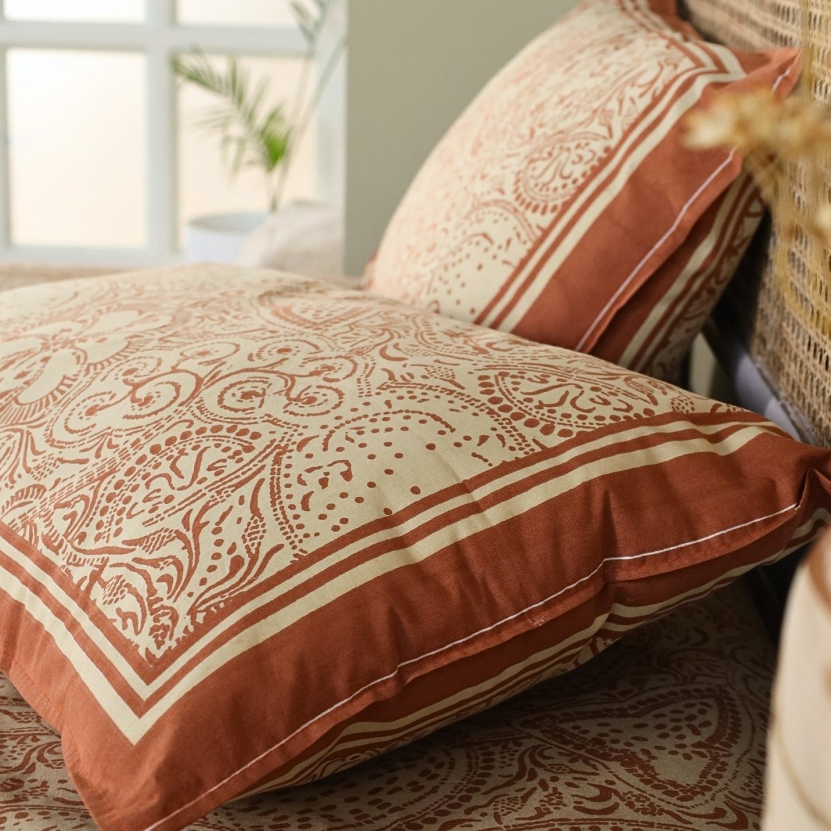 Ivory Brick Red and Navy Blue Pure Cotton Bedsheet | Queen Size | Handprinted
