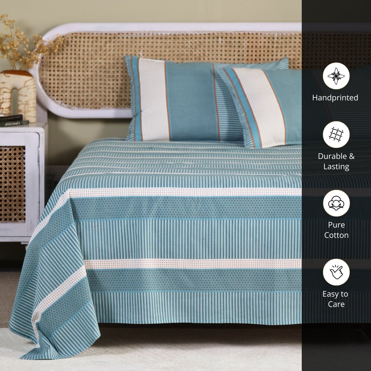 Teal and Off White Pure Cotton Bedsheet | Queen and King Size | Handprinted