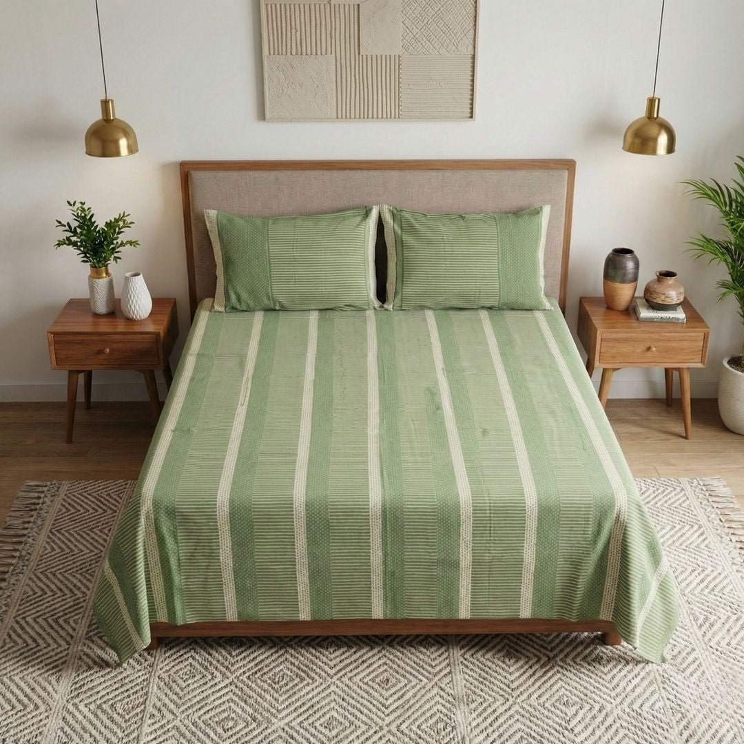 Fern Green & Off White Pure Cotton Textured Bedsheet | Queen and King Size | Handprinted