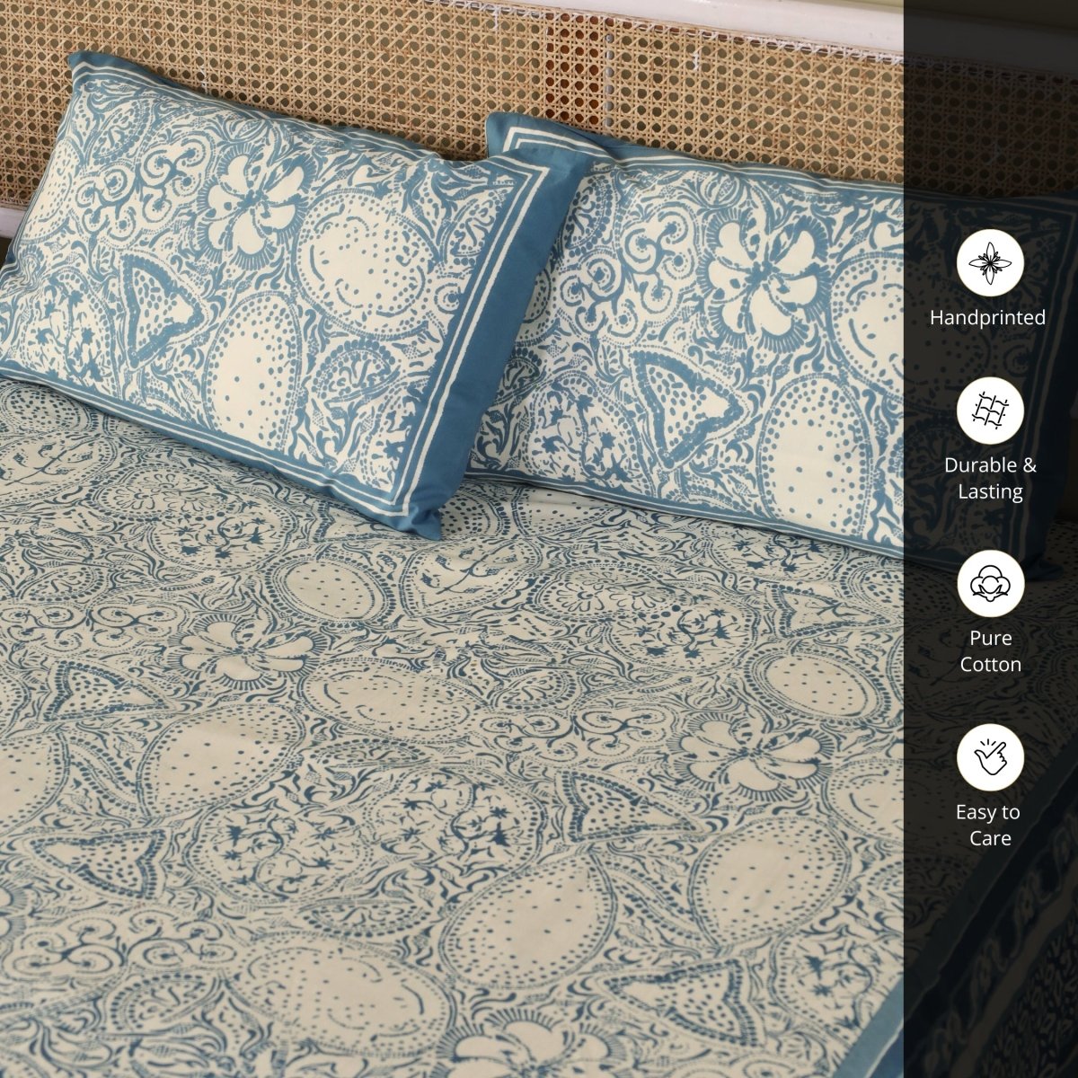 Ivory and Navy Blue Pure Cotton Textured Bedsheet | Queen | Handprinted