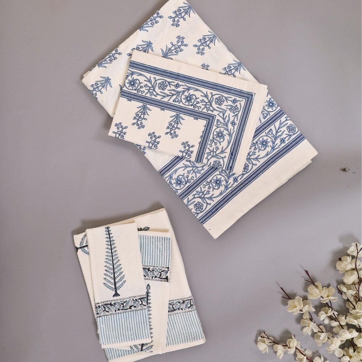Pure Cotton Bedsheets and Towel Gifting Set| White and Blue Floral Pattern