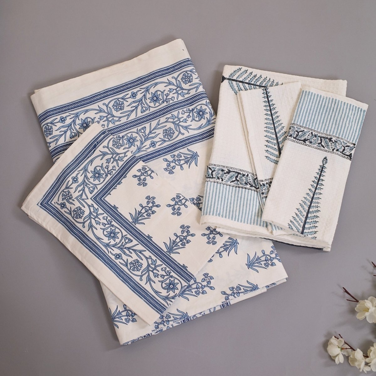Pure Cotton Bedsheets and Towel Gifting Set| White and Blue Floral Pattern