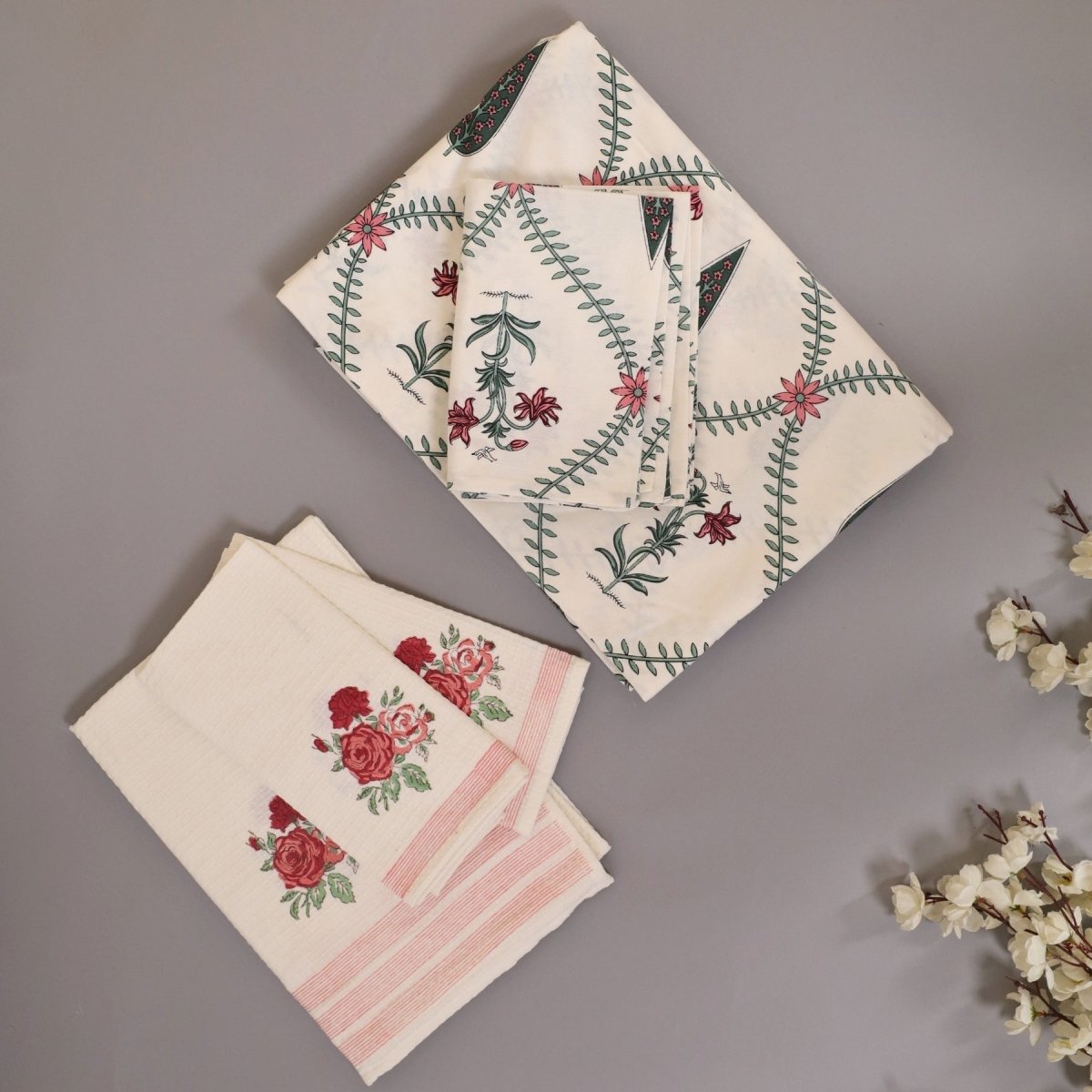 White & Pink Floral Pure Cotton Bedsheets & Towel Gifting Set | Handmade