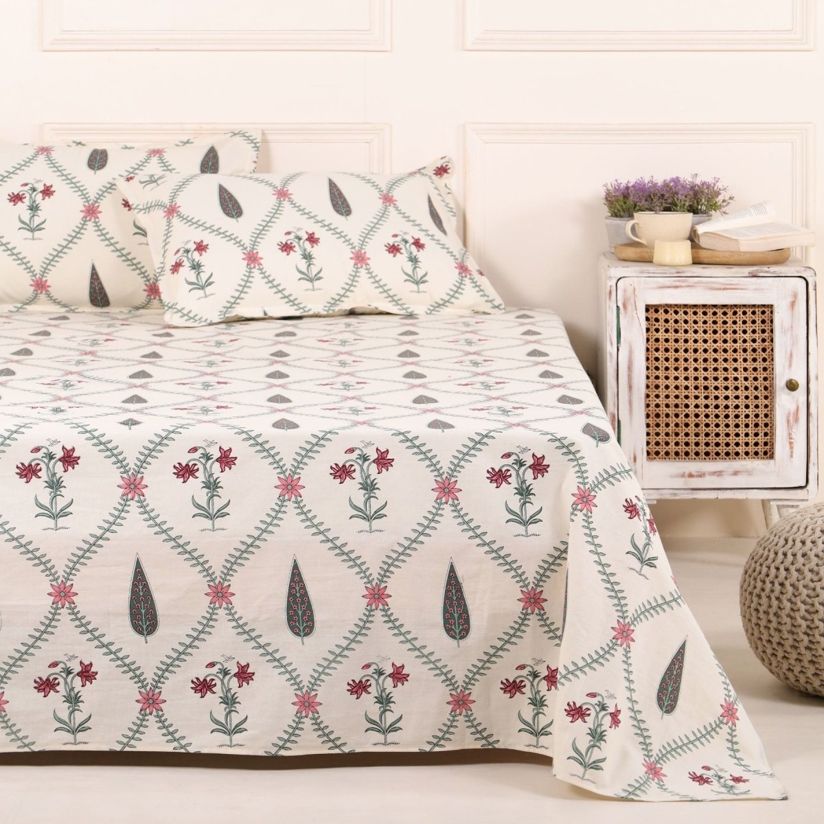White & Pink Floral Pure Cotton Bedsheets & Towel Gifting Set | Handmade