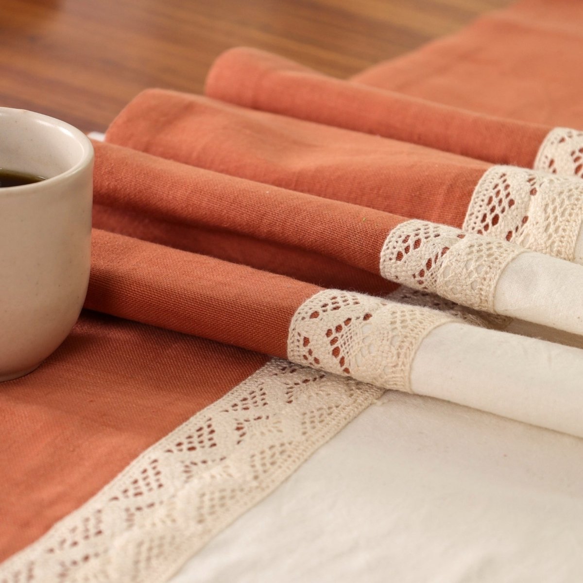 Crochet Pure Cotton Dining Table Runner in Rust and Off White | 4 Seater