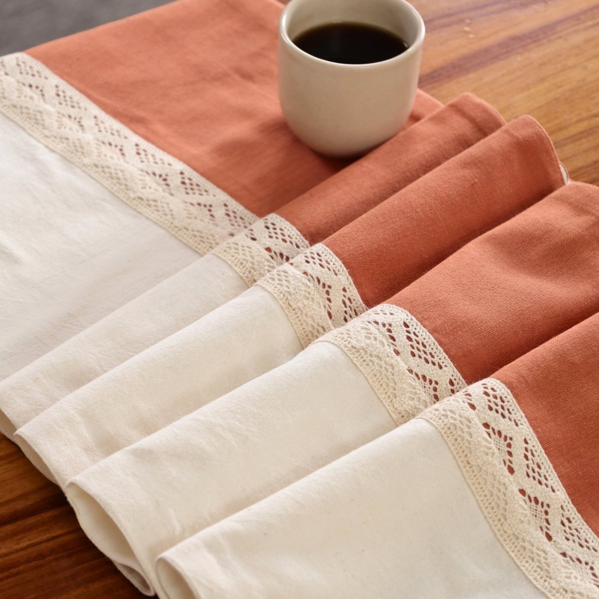 Crochet Pure Cotton Dining Table Runner in Rust and Off White | 4 Seater