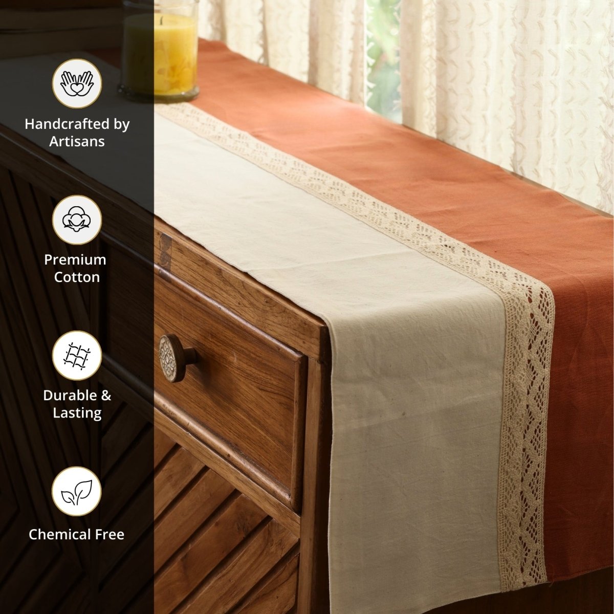 Crochet Pure Cotton Dining Table Runner in Rust and Off White | 4 Seater