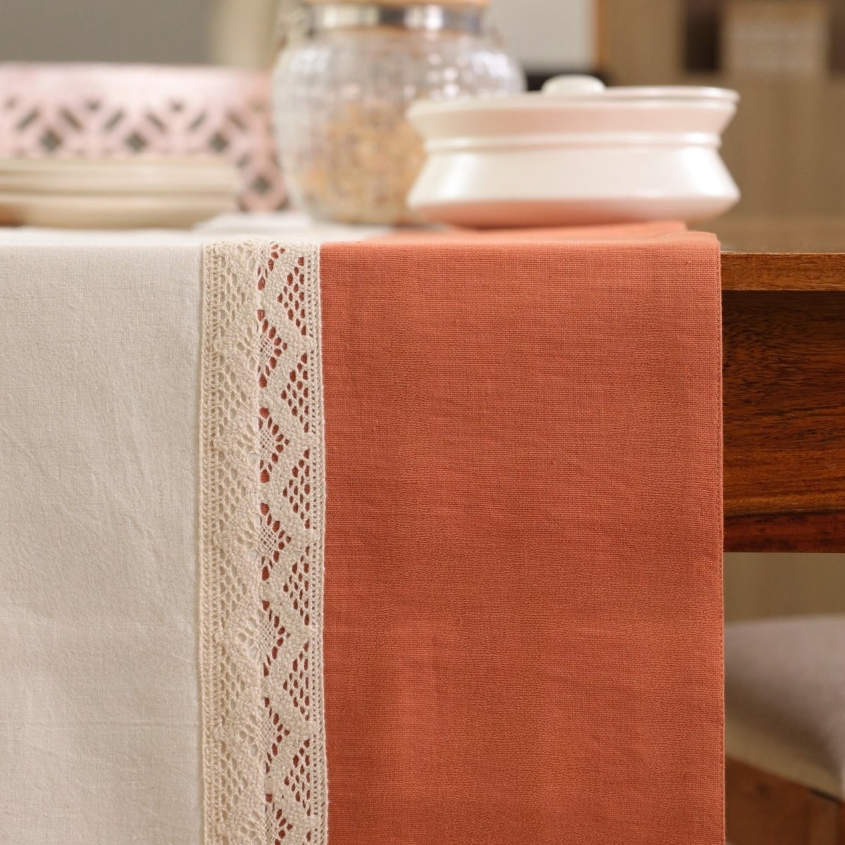 Crochet Pure Cotton Dining Table Runner in Rust and Off White | 4 Seater