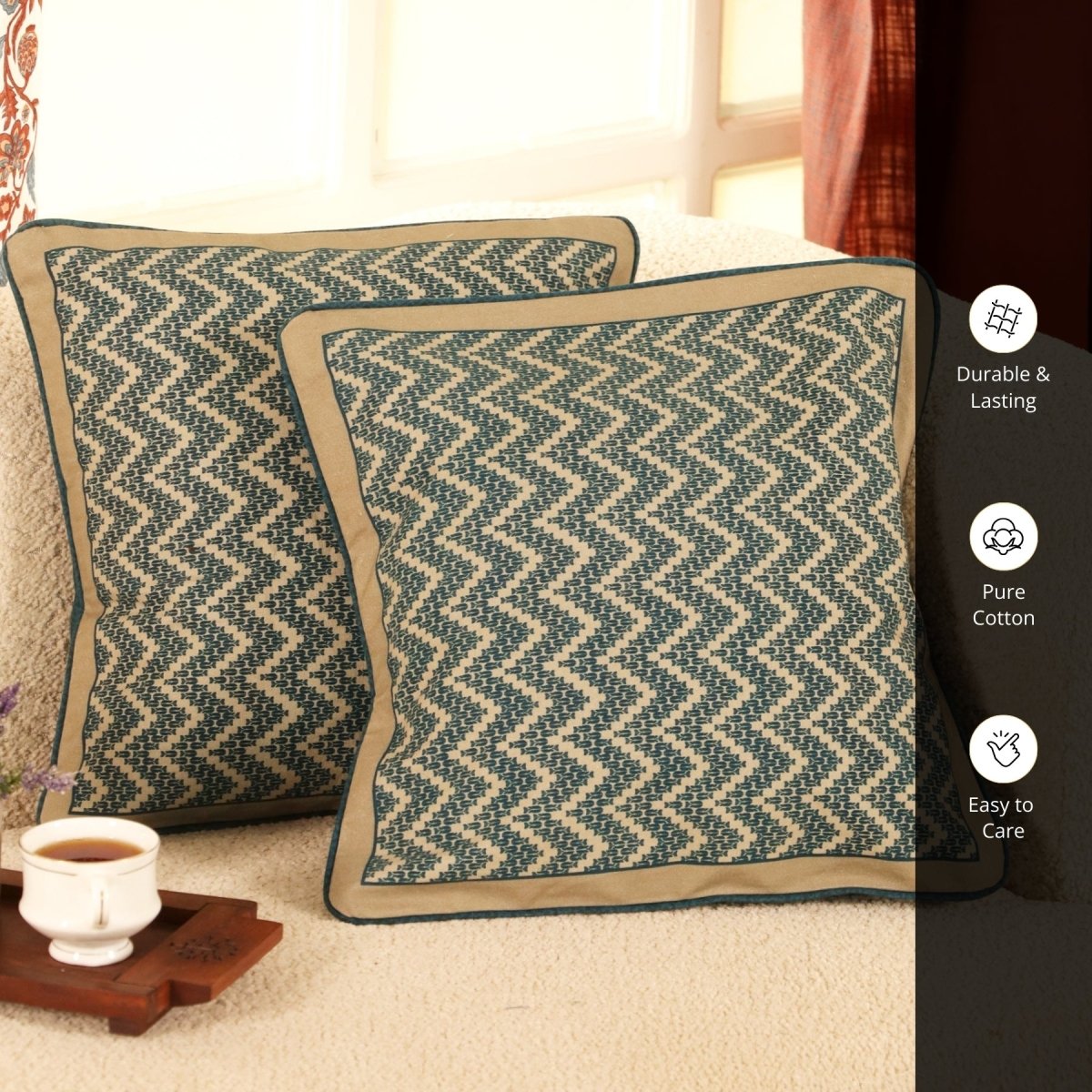 Cotton Cushion Cover in Chevron print in Ivory and Navy Blue | 16x16 in | Set of 1,2 and 4