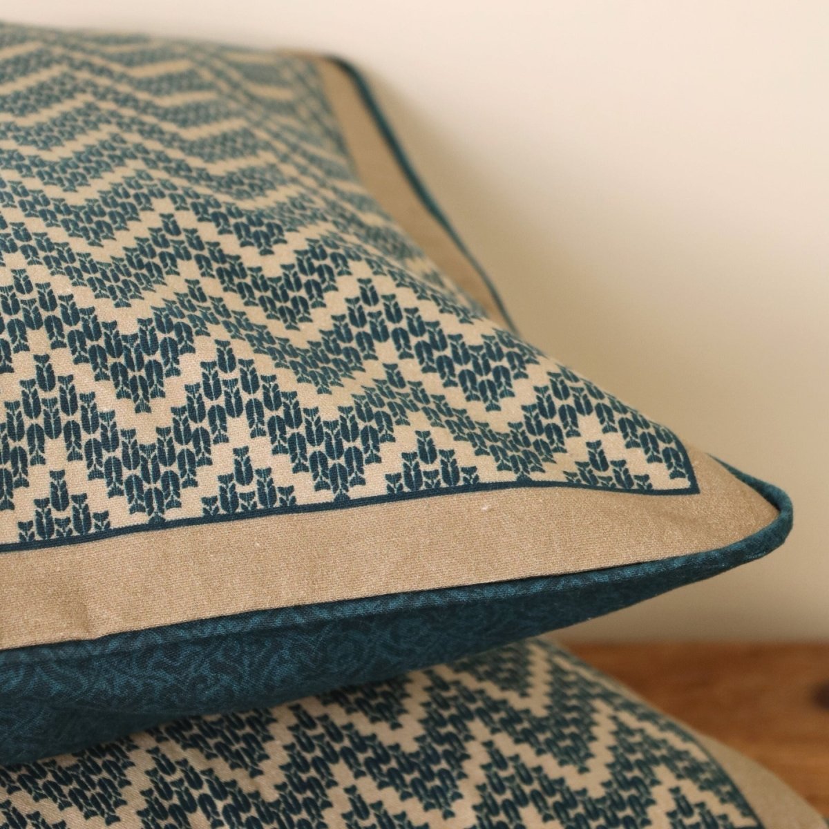 Cotton Cushion Cover in Chevron print in Ivory and Navy Blue | 16x16 in | Set of 1,2 and 4
