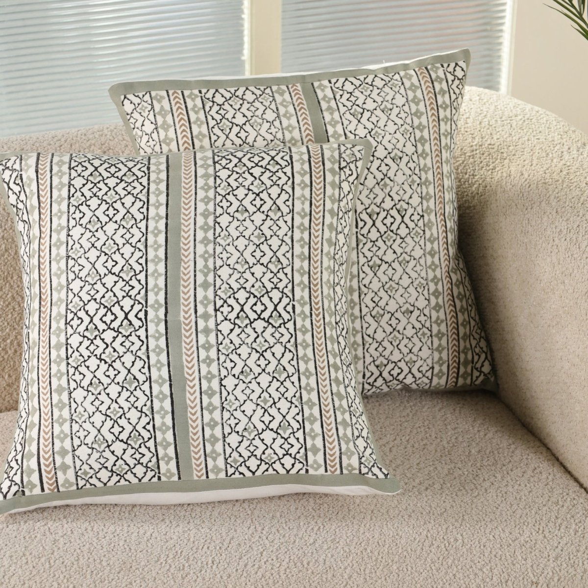 Aqua and Off White Pure Cotton Cushion Cover | 18x18 in | Set of 1,2,3,4 and 5 | Block Printed