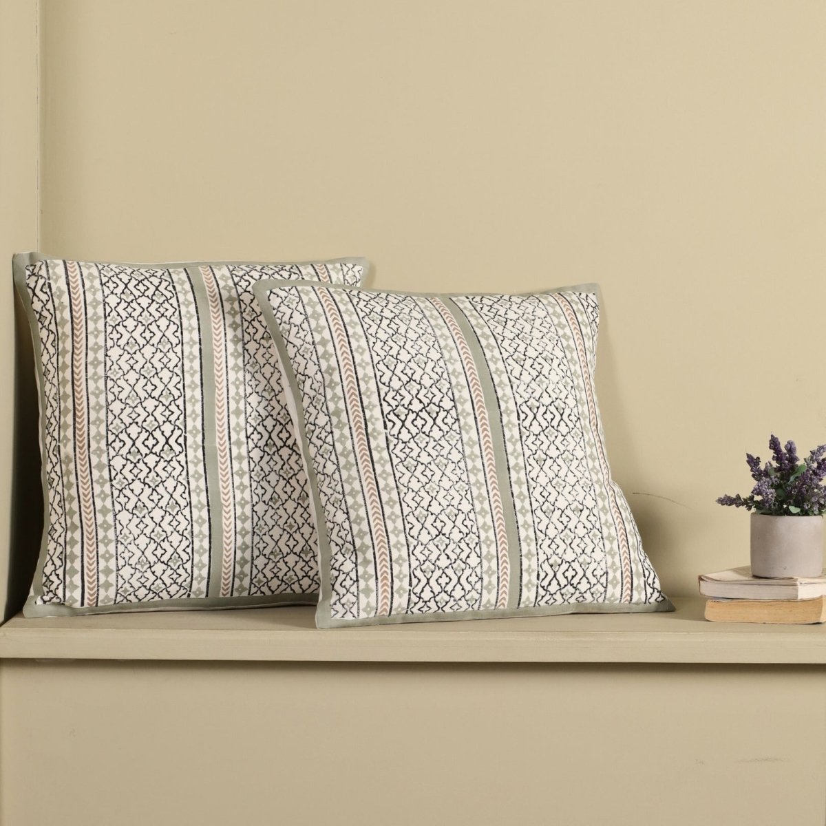 Aqua and Off White Pure Cotton Cushion Cover | 18x18 in | Set of 1,2,3,4 and 5 | Block Printed
