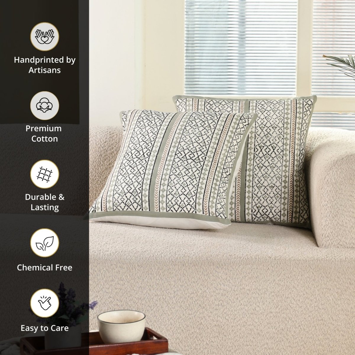 Aqua and Off White Pure Cotton Cushion Cover | 18x18 in | Set of 1,2,3,4 and 5 | Block Printed