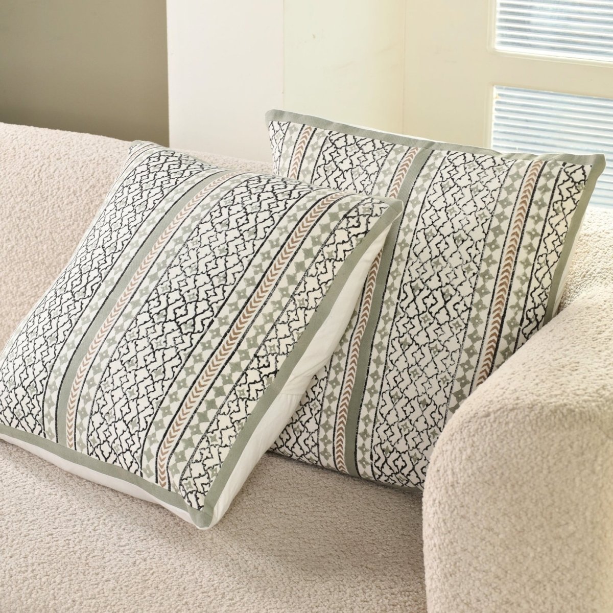 Aqua and Off White Pure Cotton Cushion Cover | 18x18 in | Set of 1,2,3,4 and 5 | Block Printed