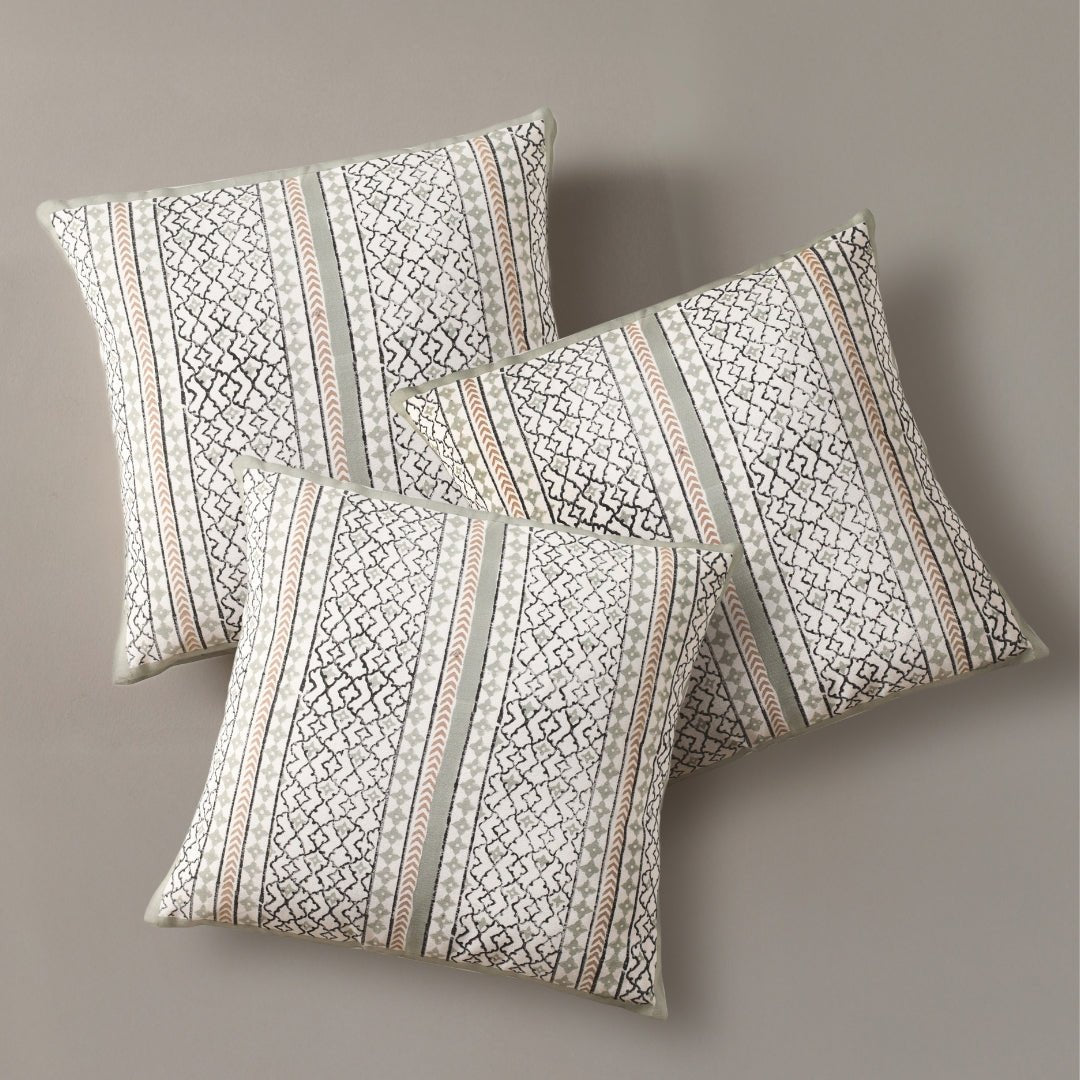 Aqua and Off White Pure Cotton Cushion Cover | 18x18 in | Set of 1,2,3,4 and 5 | Block Printed