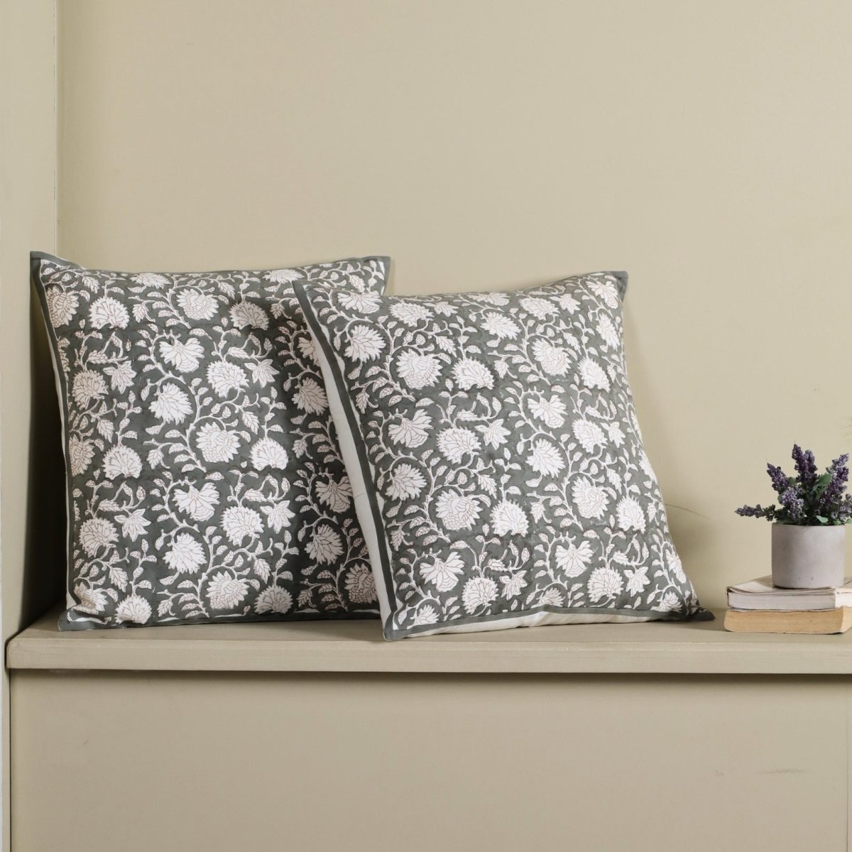 Charcoal and Off White Pure Cotton Cushion Cover | 18x18 in | Set of 1,2,3,4 and 5 | Block Printed
