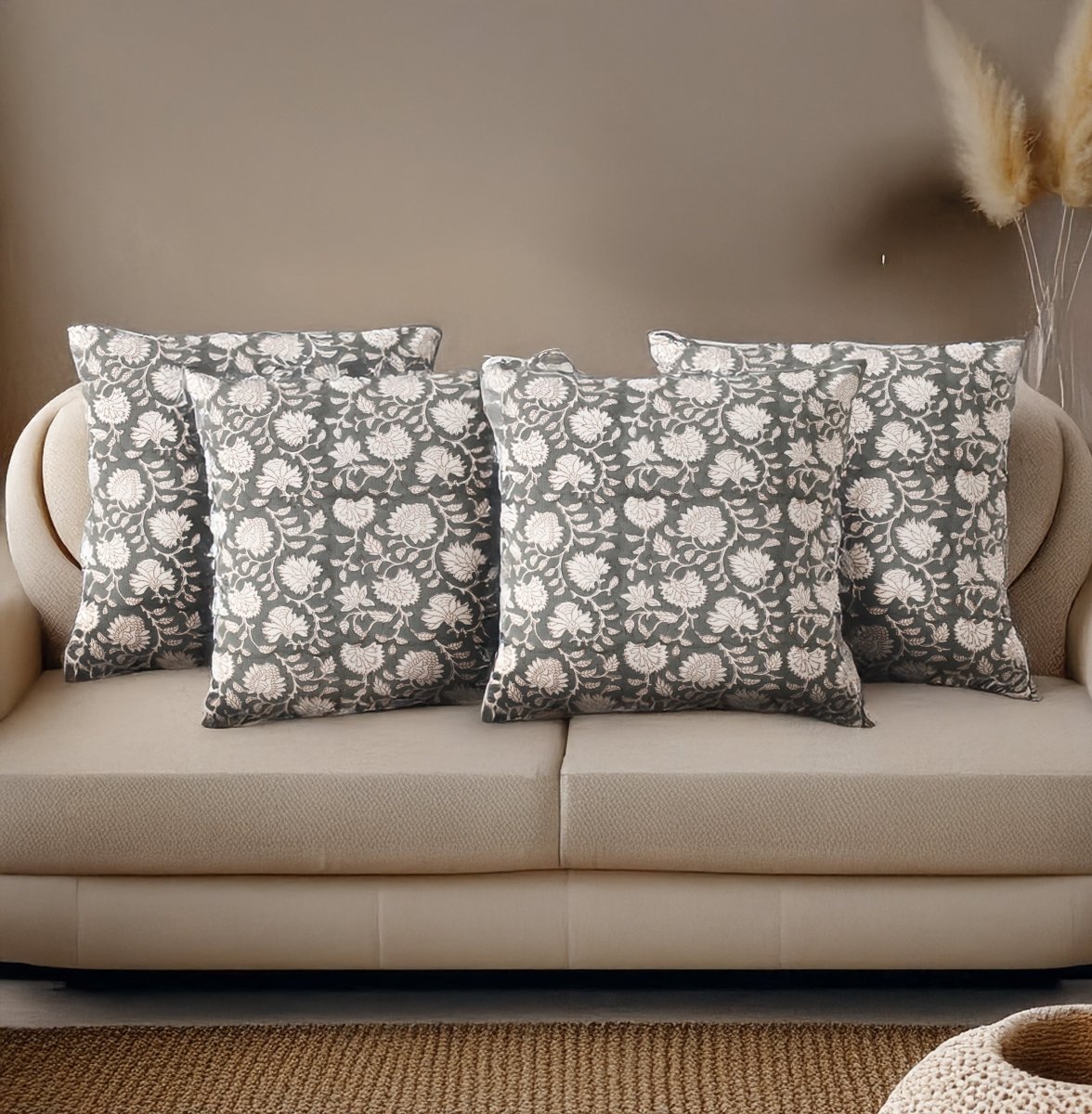 Charcoal and Off White Pure Cotton Cushion Cover | 18x18 in | Set of 1,2,3,4 and 5 | Block Printed