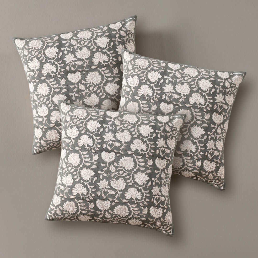 Charcoal and Off White Pure Cotton Cushion Cover | 18x18 in | Set of 1,2,3,4 and 5 | Block Printed