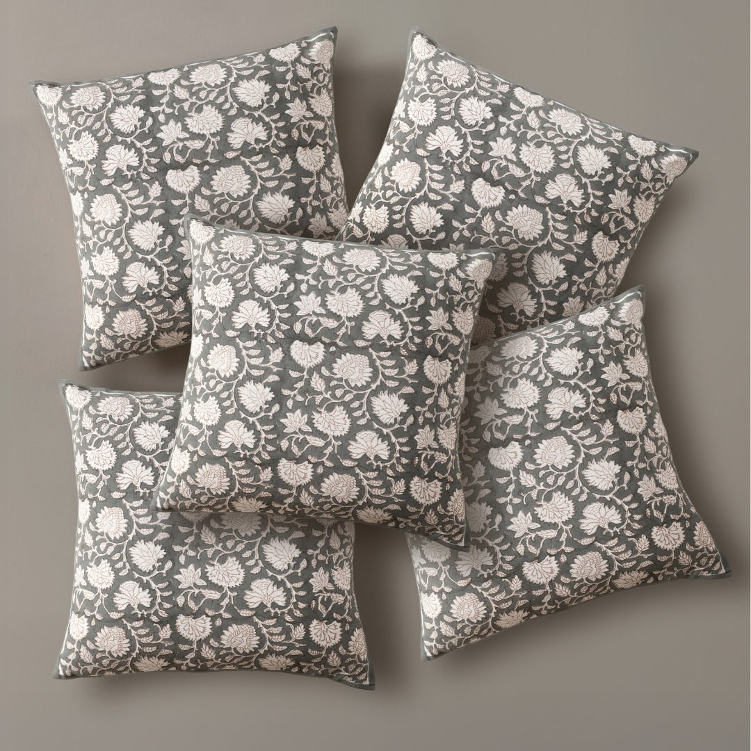 Charcoal and Off White Pure Cotton Cushion Cover | 18x18 in | Set of 1,2,3,4 and 5 | Block Printed