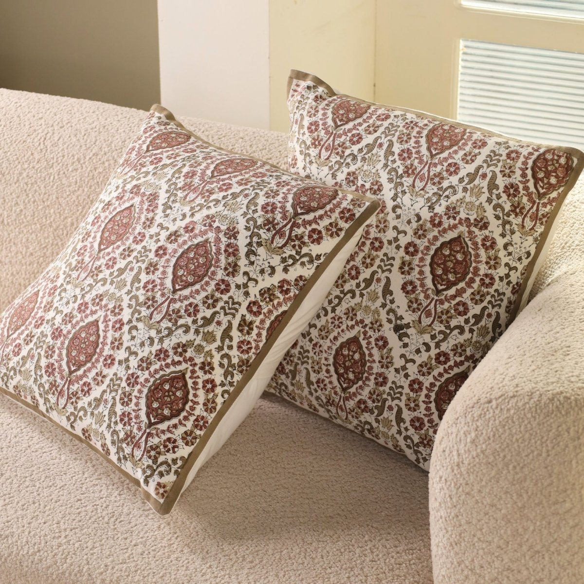 Ivory and Rust Pure Cotton Cushion Cover | 18x18 in | Set of 1,2,3,4 and 5 | Block Printed