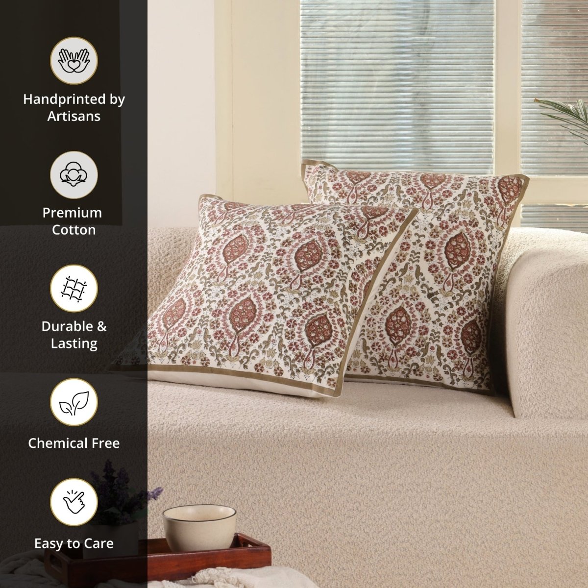 Ivory and Rust Pure Cotton Cushion Cover | 18x18 in | Set of 1,2,3,4 and 5 | Block Printed