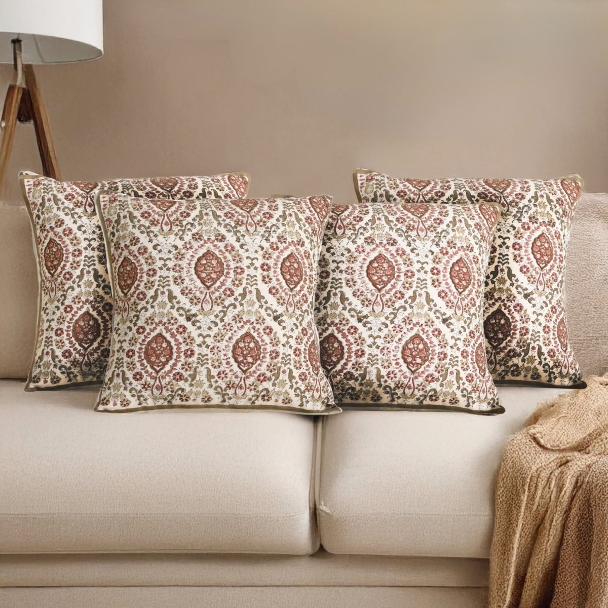 Ivory and Rust Pure Cotton Cushion Cover | 18x18 in | Set of 1,2,3,4 and 5 | Block Printed