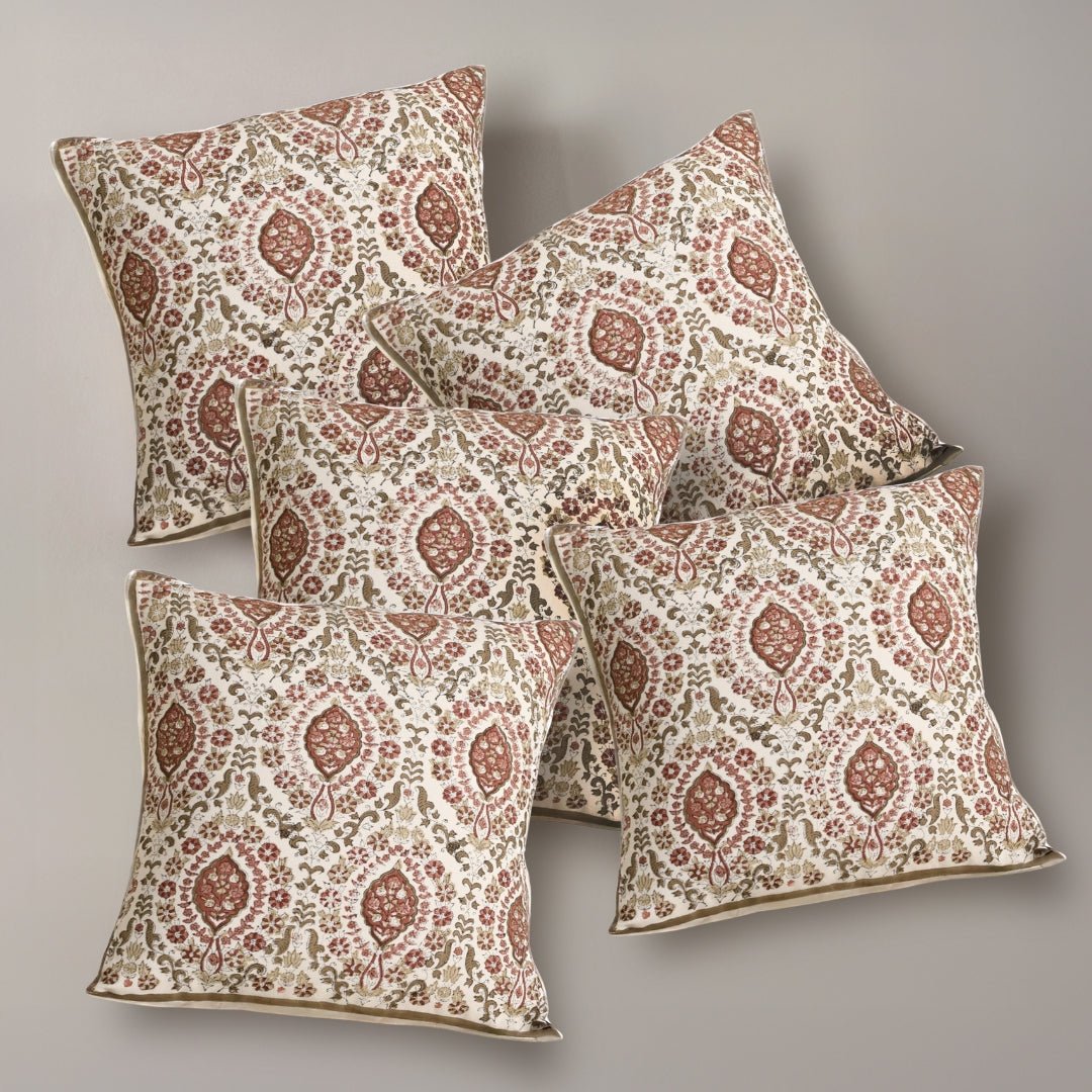 Ivory and Rust Pure Cotton Cushion Cover | 18x18 in | Set of 1,2,3,4 and 5 | Block Printed