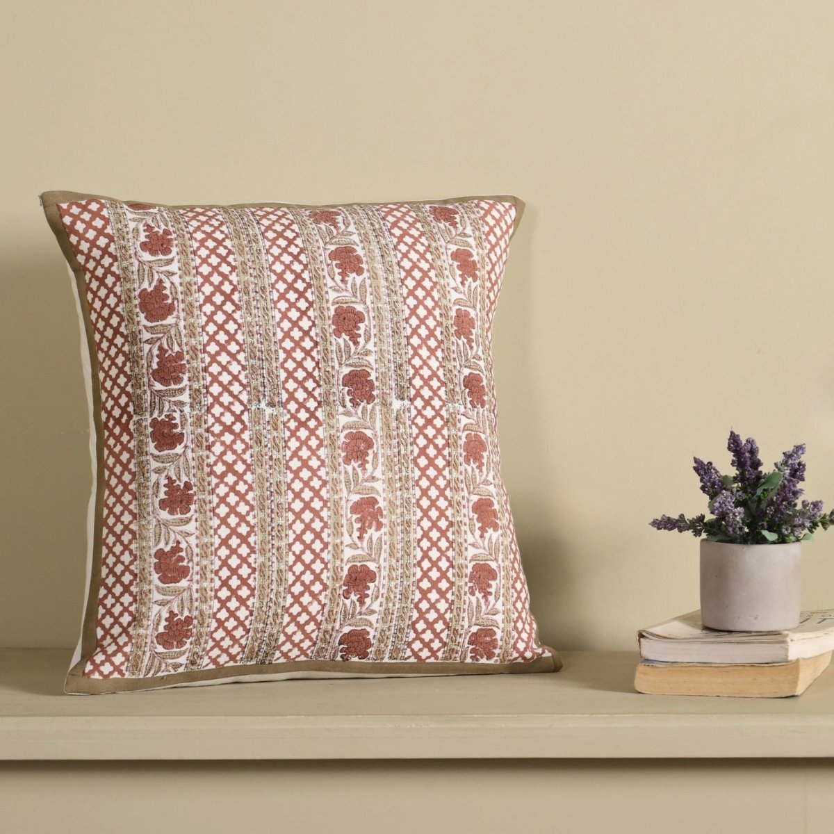 Ivory and Rust Pure Cotton Floral Cushion Cover | 18x18 in | Set of 1,2,3,4 and 5 | Block Printed