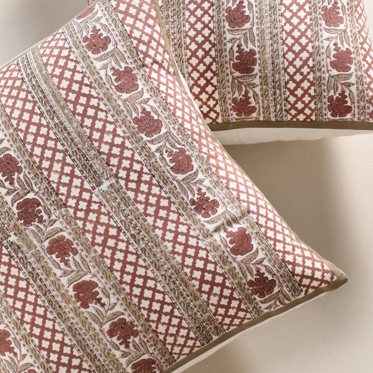 Ivory and Rust Pure Cotton Floral Cushion Cover | 18x18 in | Set of 1,2,3,4 and 5 | Block Printed