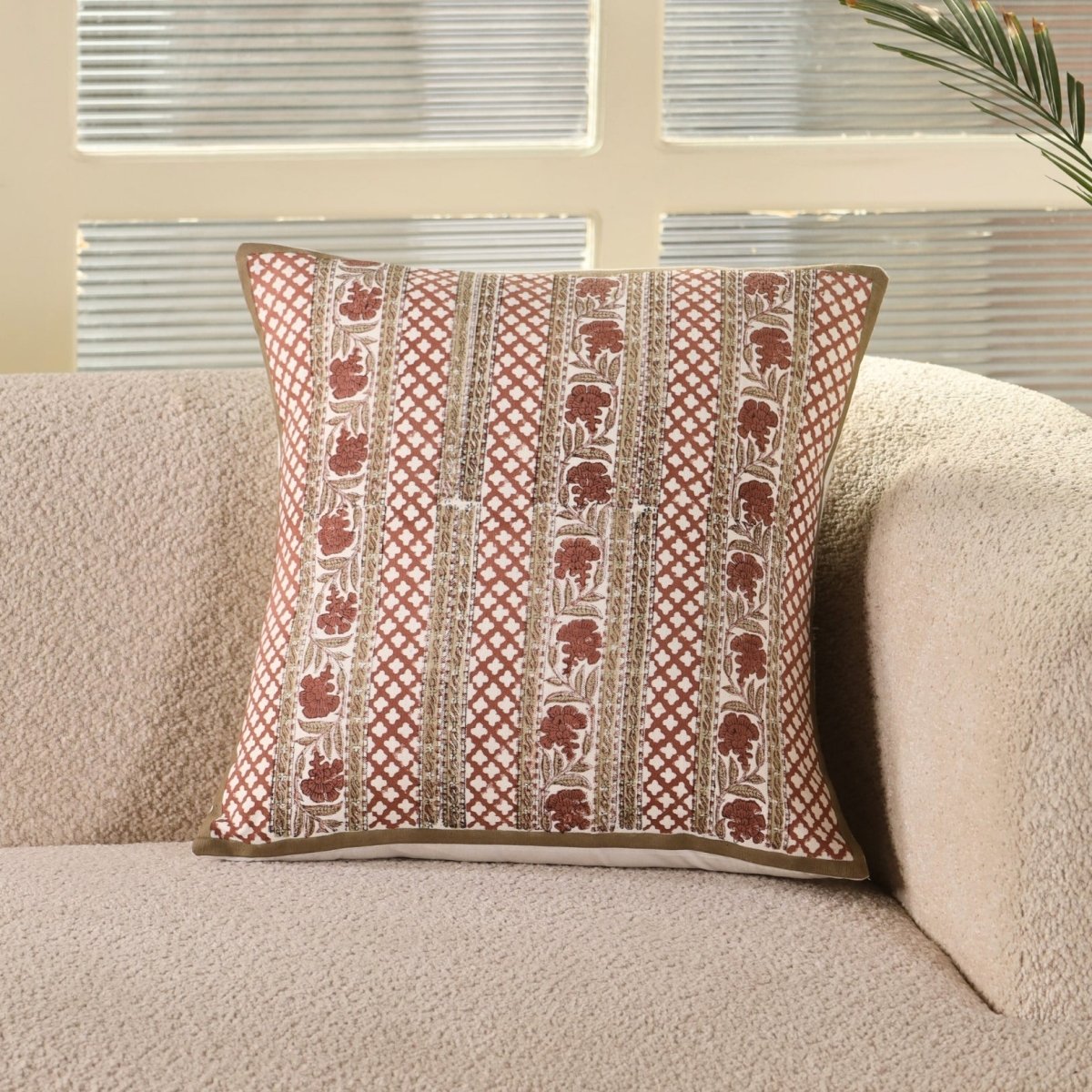 Ivory and Rust Pure Cotton Floral Cushion Cover | 18x18 in | Set of 1,2,3,4 and 5 | Block Printed
